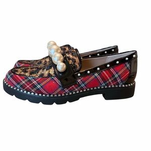 Betsey Johnson Harlowe Pearl Plaid Leopard Platform Loafers Size 7.5 NWOB